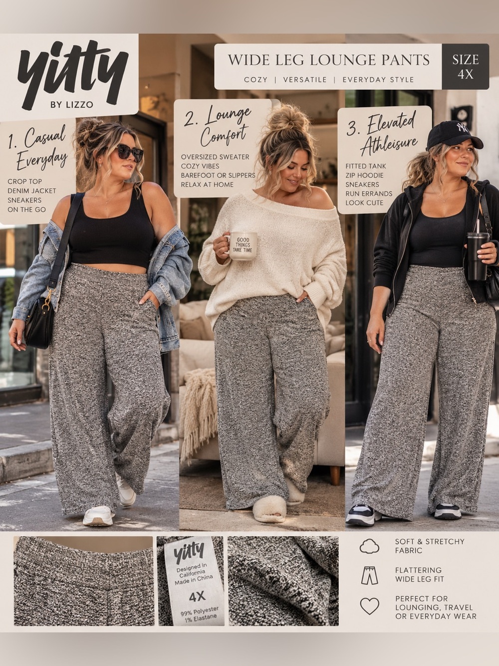 Yitty by Lizzo 4X Black White Marled Wide Leg Lounge Pants